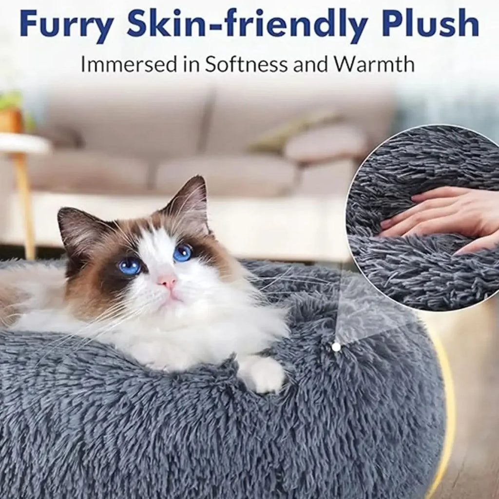 Round Plush Pet Bed – Soft Calming Bed for Dogs & Cats