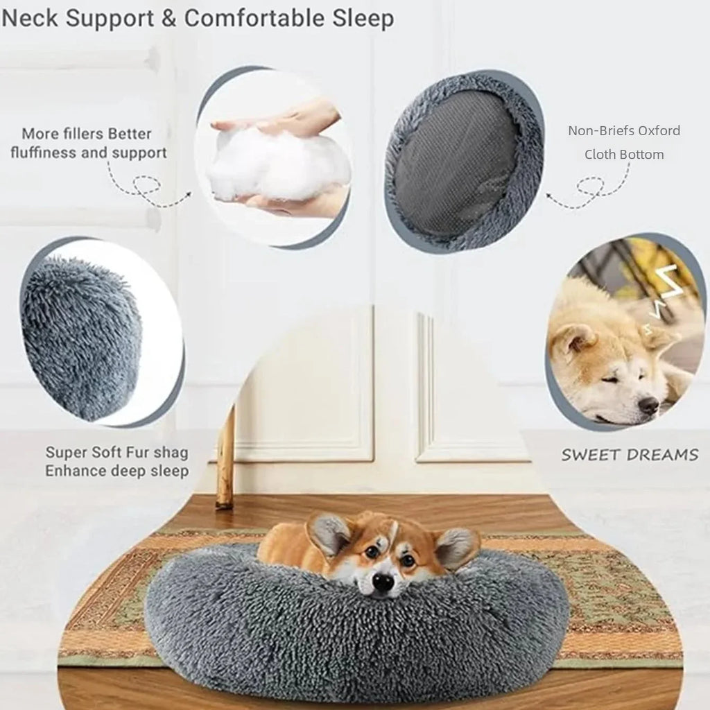 Round Plush Pet Bed – Soft Calming Bed for Dogs & Cats