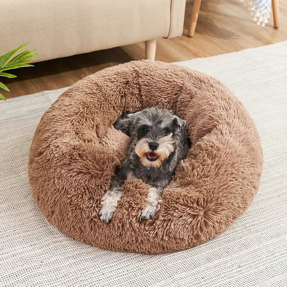 Round Plush Pet Bed – Soft Calming Bed for Dogs & Cats