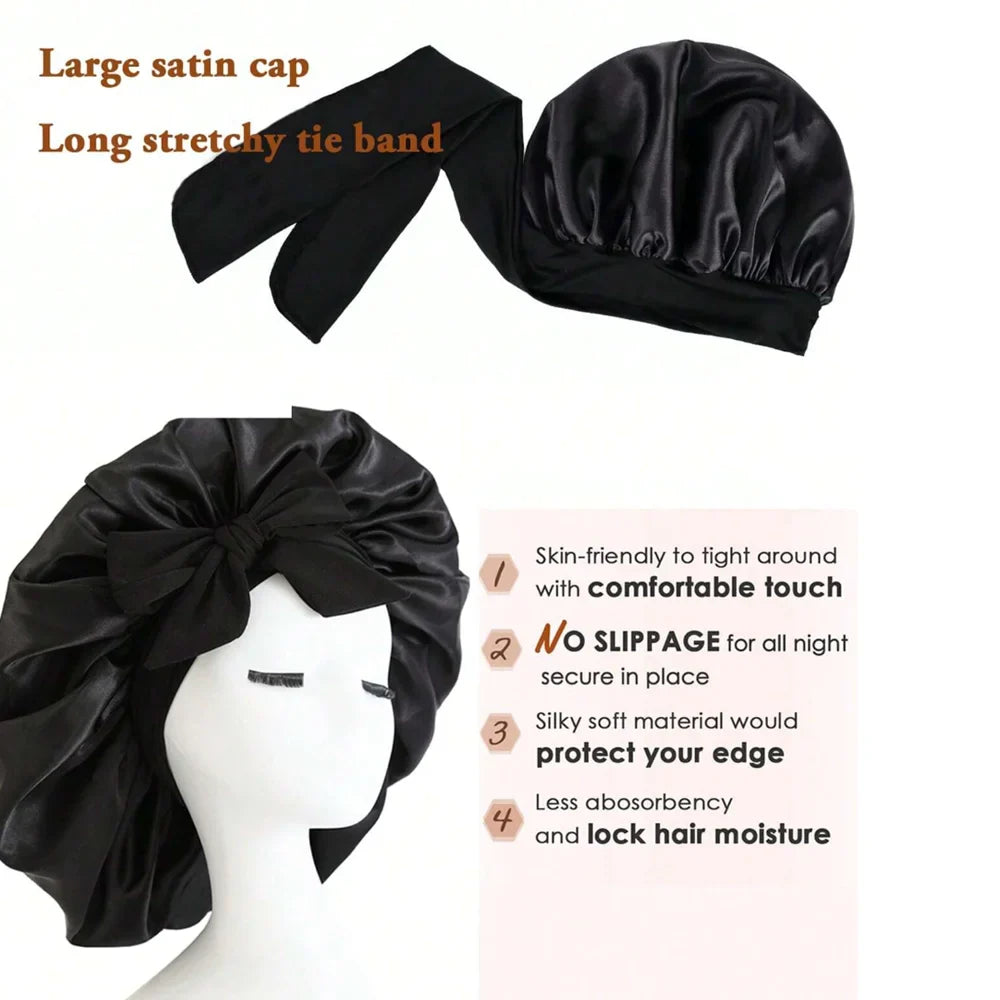 Adjustable Satin Sleep Bonnet with Tie Band for Women & Men